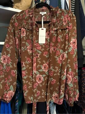 Pleione Brown Floral Tie-Neck Long-Sleeve Blouse